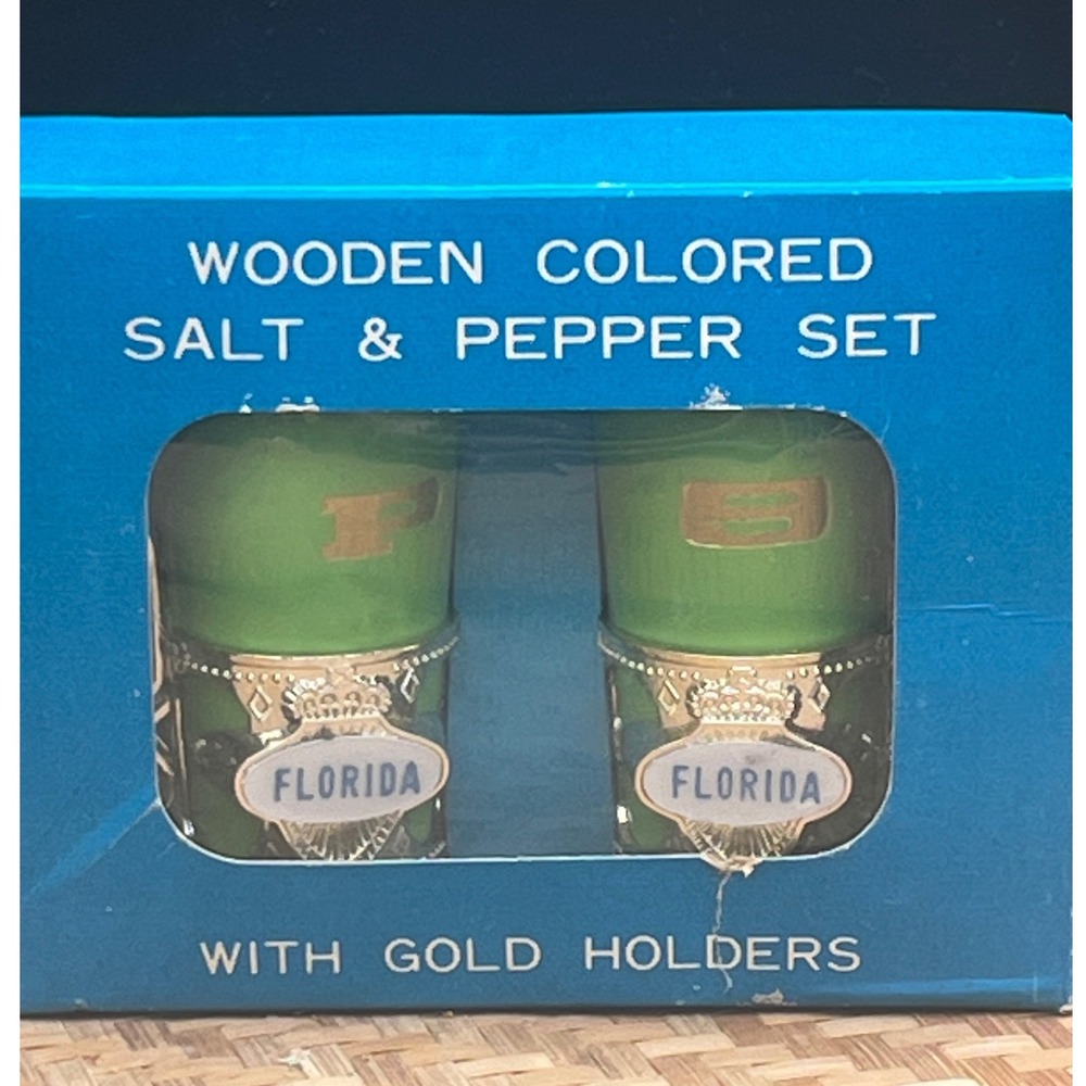 Florida Souvenir Green MCM Salt and Pepper Set, Wood w Metal Holders Japan
